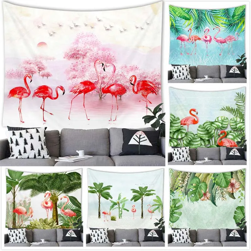 Flamingo Green Leaves Tapestry Wall Hanging Flamingo Green Leaves Decor Tapestry Flamingo Home Decoration Background Wall Decor