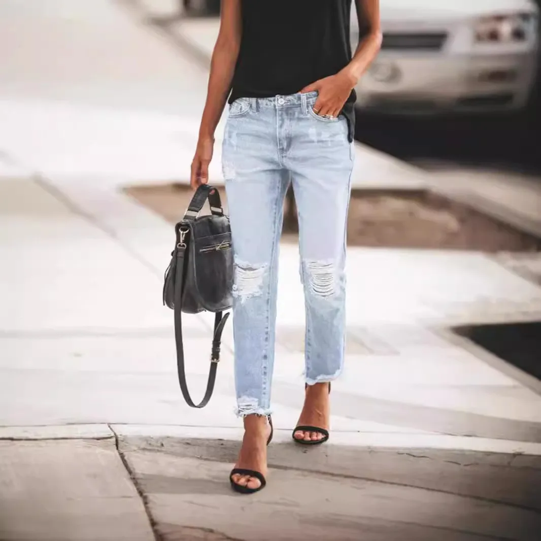 Women's Mid Waist Acid Wash Distressed Straight Leg Classic Fit Full Length Medium Weight Cotton Casual Everyday Ripped Jeans
