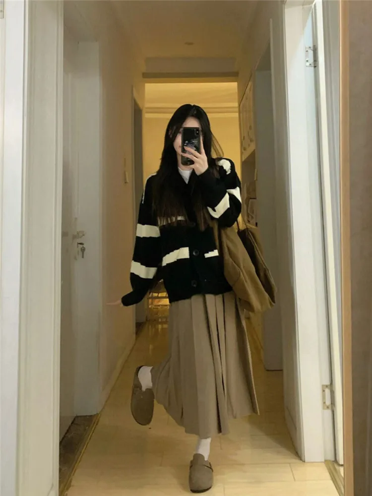 

Мягкий уютный полосатый вязаный свитер-пальто и платье А-силуэта с высокой талией на пуговицах, комплект из двух предметов для женщин, осенне-зимний, для повседневной носки, модный