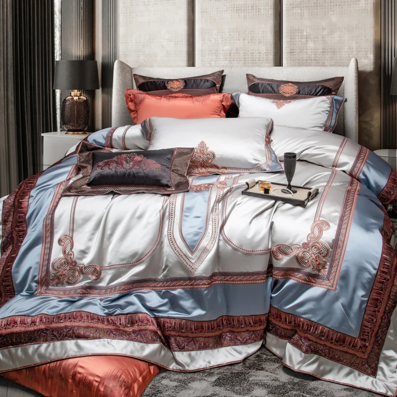 Luxury European Palace Style Brocade Egyptian Cotton Embroidery 4/6/10Pcs Bedding Set Silky Duvet Cover Bed Sheet Pillowcases