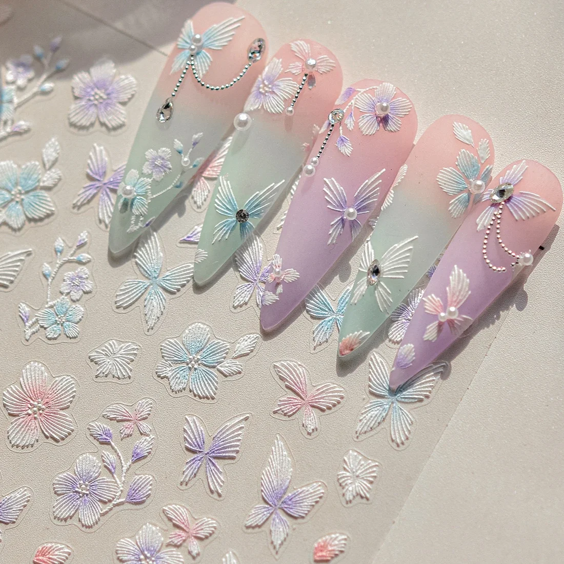 

Embroidered Butterfly Flower Colourful Gradient Morning Glory Leaves Self Adhesive Nail Art Stickers Rhinestone Manicure Decals