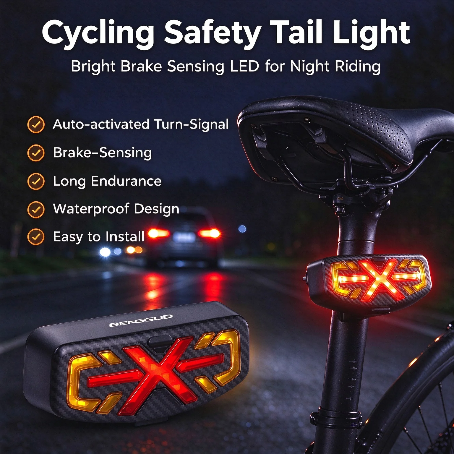 BENGGUO Bicycle Rear Light Brake Sensing Auto‑activated Turn‑Signal Long Endurance 5 Mode Taillight Cycling Accessories