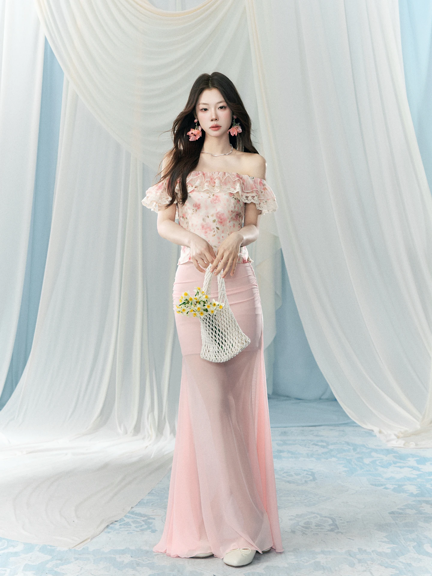 

High Waist A-Line Skirt Women's Pink Mesh Slimming Bodycon Spring Summer New Style Commute Korean Version City Scene