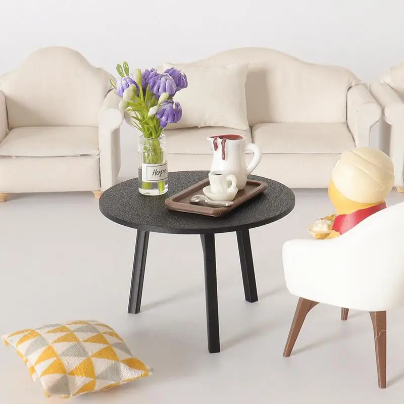 1/12 دمية محاكاة صغيرة سوداء طاولة مستديرة نموذج دمية غرفة المعيشة زخرفة الأثاث بيت الدمى التظاهر اللعب اللعب