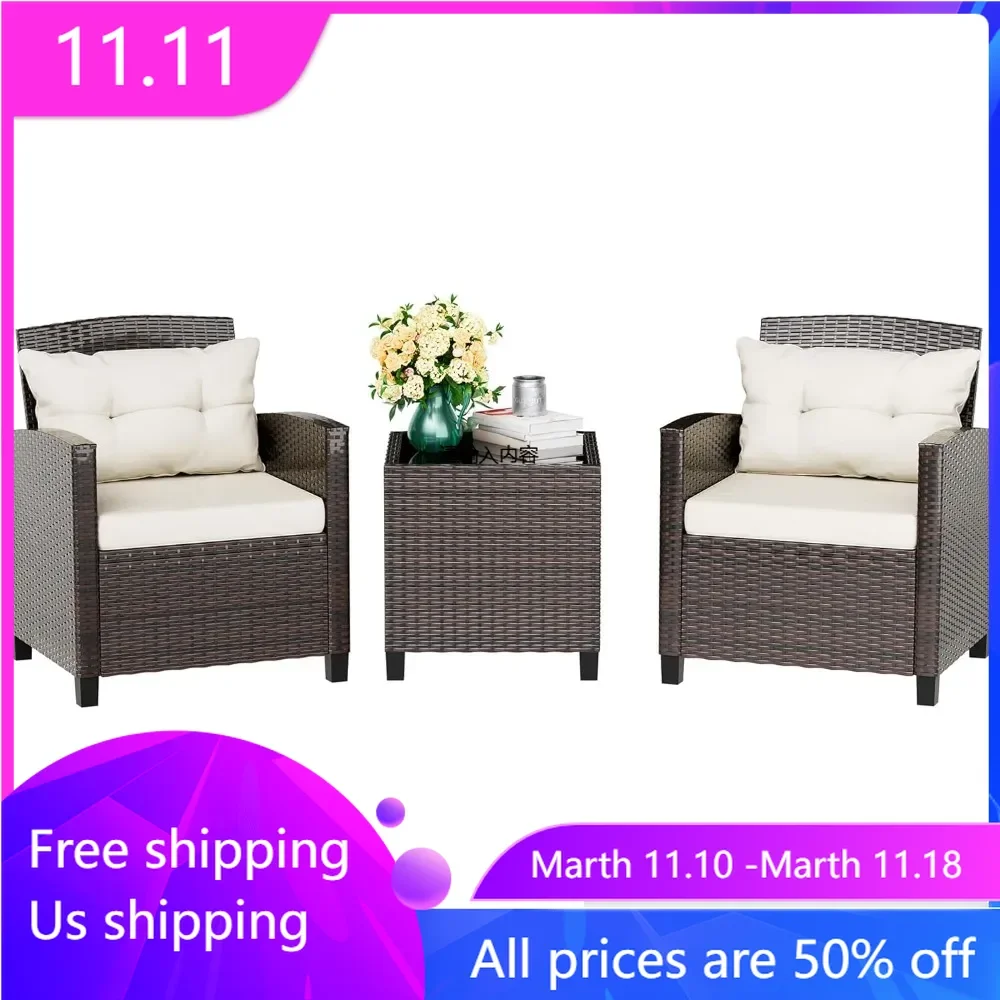 3 Piece Patio Furniture Set Small Outdoor Wicker Rattan Front Porch Bistro Set  Conversation Set with Glass Table (Beige)