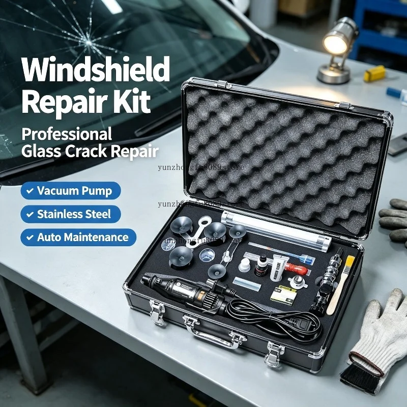 Car Front Windshield Repair Kit, Stainless Steel Vacuum Injection Pump, Professional Auto Glass Crack Repair Toolbox