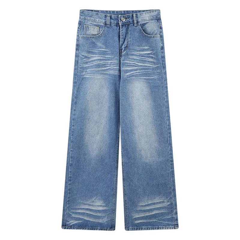 جينز مستقيم أزرق فاتح عتيق للنساء ملابس الشارع عالية الخصر واسعة الساق سراويل جينز امرأة أمريكية فضفاضة السراويل الإناث