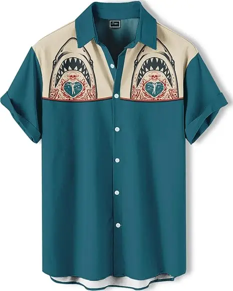 Men's Western Short Sleeve Shirt Retro Shark Mouth Print Teal Beige Color Block Lapel Button Down Casual Streetwear Men Clothing