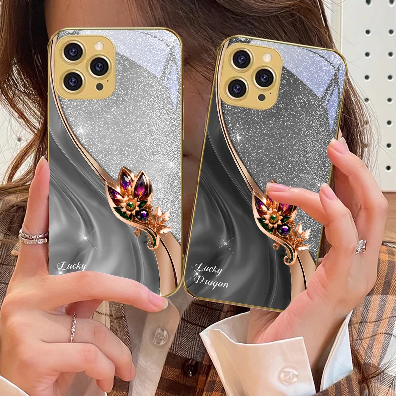 

Colorful gemstone pattern For IPhone 16 Pro Max 15 P ro 14 13 Plus 12 Mini 11Pro Max XS Max XR Golden tempered glass phone case