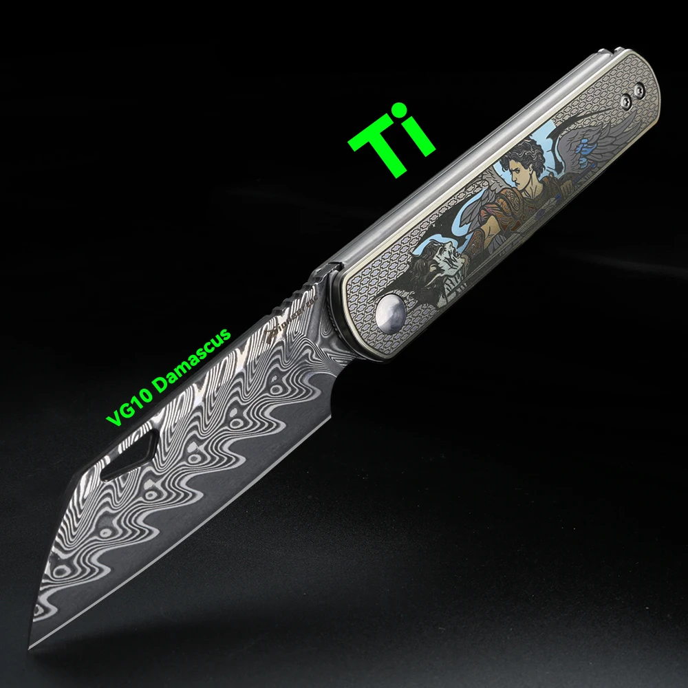 XUANTENG [Angel Overcomes the Devil] Titanium alloy handle pocket knife VG10 Damascus folding knife