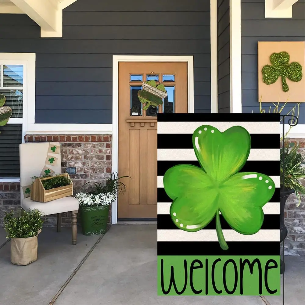 RABUSOFA Welcome St Patricks Day Shamrock Garden Flag 12x18 Double Sided for Outside Green Clover Classic Striped Spring Yard Fl