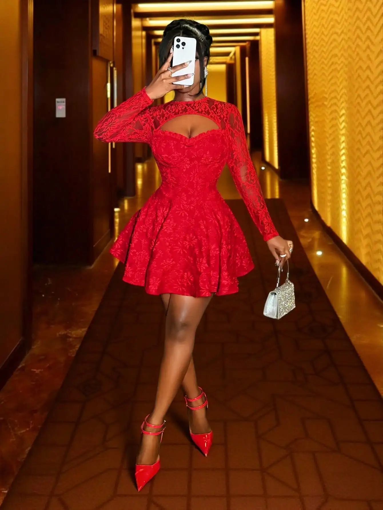 

Red Lace Mini Dress with Hollow Neckline, Long Sleeves, A-Line Skirt for Parties & Festive Events