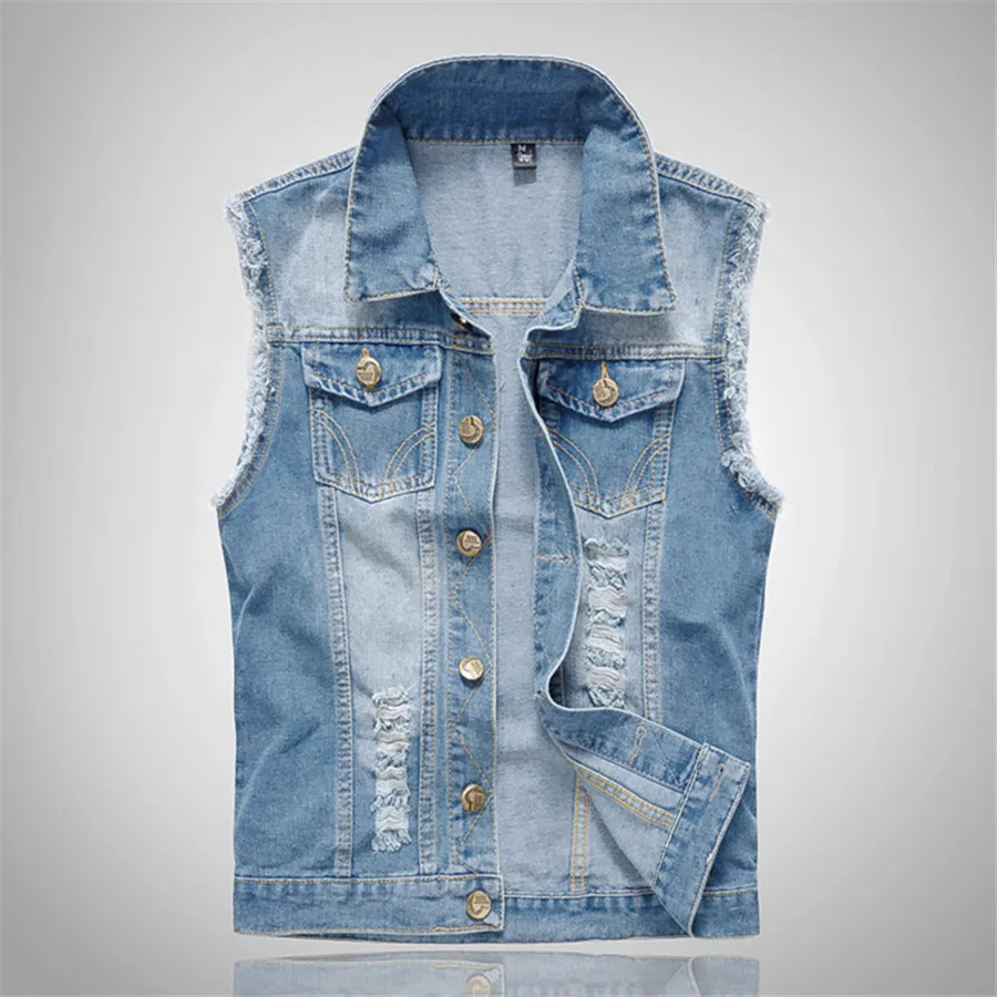 Blue Men's Sleeveless Jeans Jacket Ripped Denim Vest Cowboy Waistcoat Men Cotton Slim Fit Hip Hop Streetwear Tanks Oversize 6XL