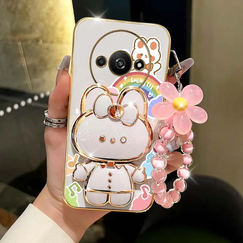 A3 Music Rabbit Holder Plating Phone Case For Xiaomi Redmi A3 Shatterproof Camera Protection Redmi A3 Thin Soft Back Cover