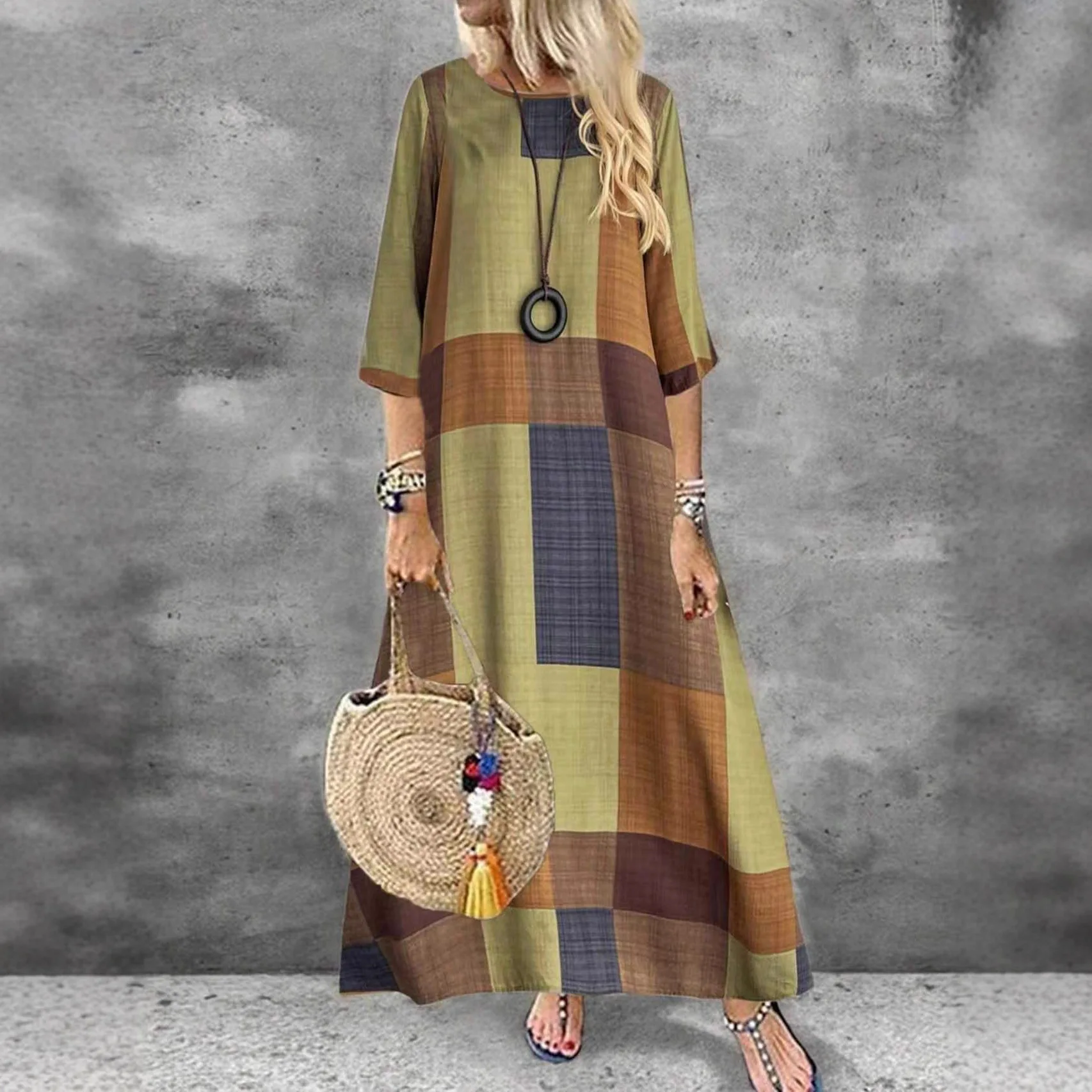 

2025 New Fashion Printed Long Sleeve Dress Women Summer Casual Loose Retro Plaid Round Neck Home Long Dresses For Women