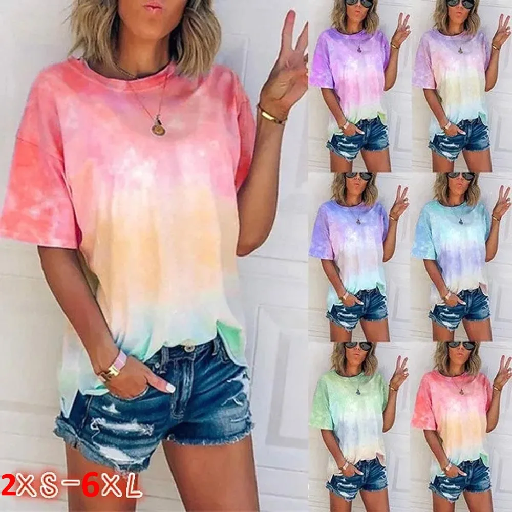 

Women's Fashion Loose Casual Round Neck Tie Dye Gradient Short Sleeves Summer T-Shirts Tops Blouses Plus Size 2XS-6XL