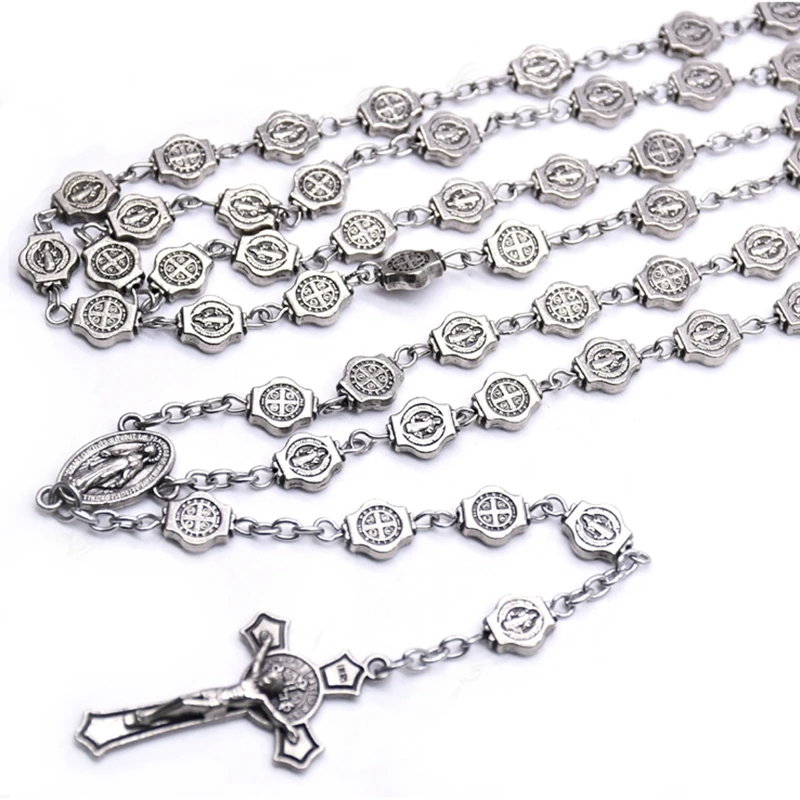 Vintage Religious Jewelry Metal Saint Benedict Rosary Necklace Long Cross Pendant For Men Women