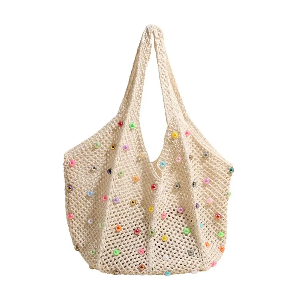 

Fashion Boho Crochet Beach Tote Bag Hollow Large Capacity Knitted Bag with Colored Beads Handmade Tote Bag