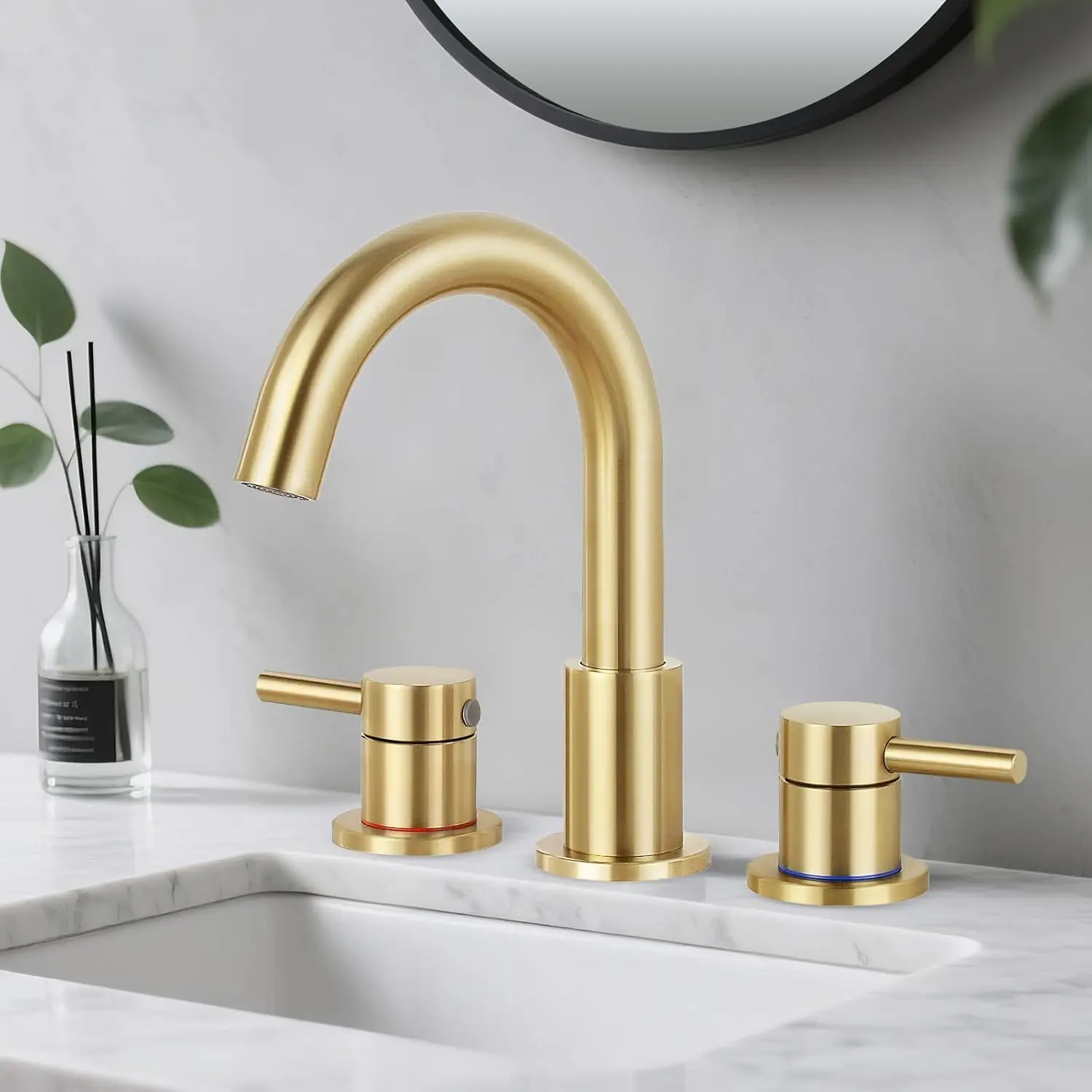 

Brushed Gold 3 Hole Bathroom Faucet with Pop Up Drain & 360° Swivel Spout, 8" Widespread, 2 Handle