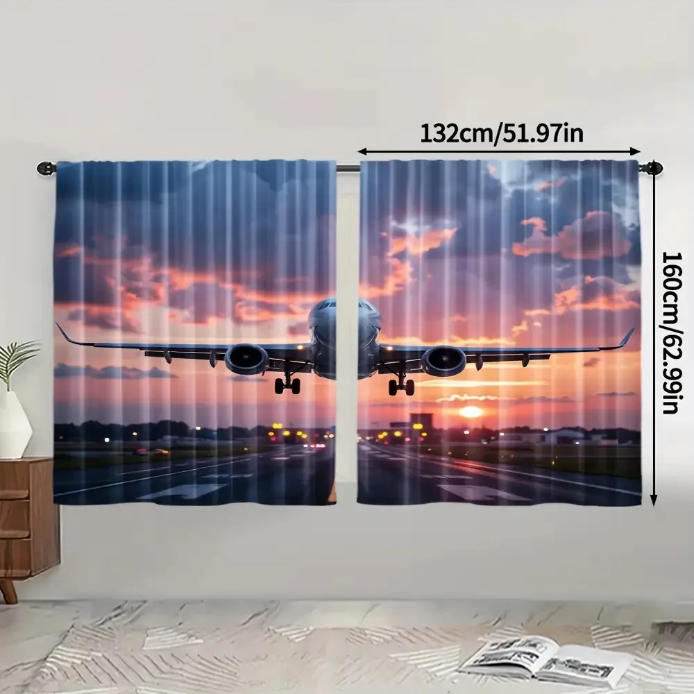 Realistic Airplane Landing Curtains Sunset Sky and Runway Scene 3D Photo Print Window Drapes for Boys Room Aviation Theme Decor