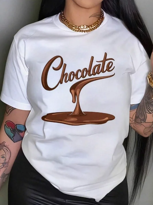 2026 Fashion New Plus Size Women Short Sleeve Crew Neck T Shirt Drip Chocolate Graphic Print Soft Comfort Daily Casual Basic Top Tee