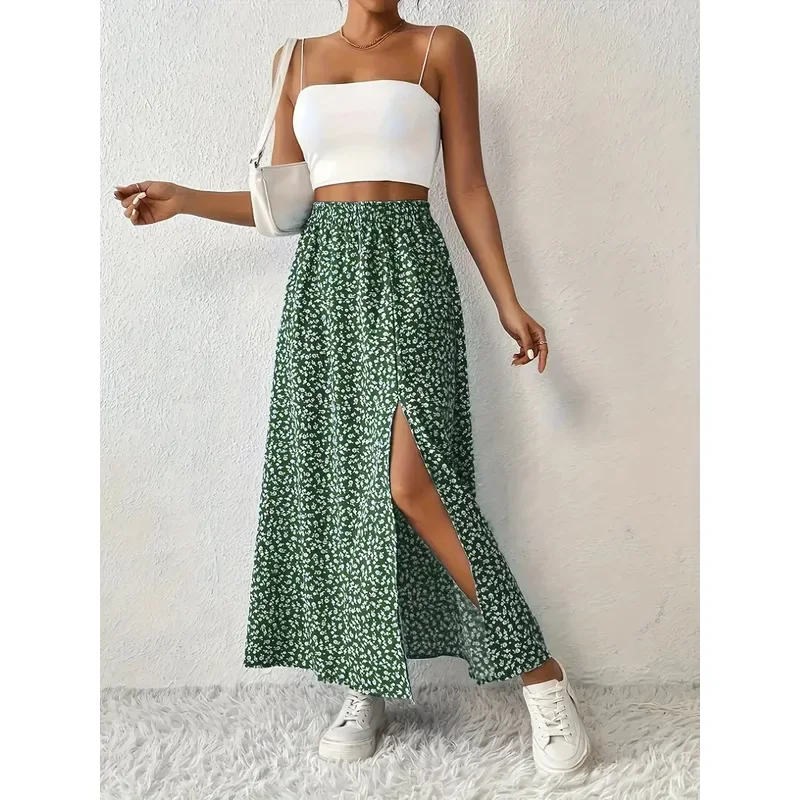 2024 Fall New Arrival Floral Split Midi Skirt, European American Style High Waist A-line Bodycon Long Skirt Women Casual Streetw