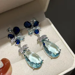 Blue Diamond Flower Set Big Water Drop Baby blue Zircon Luxury Crystal Earrings