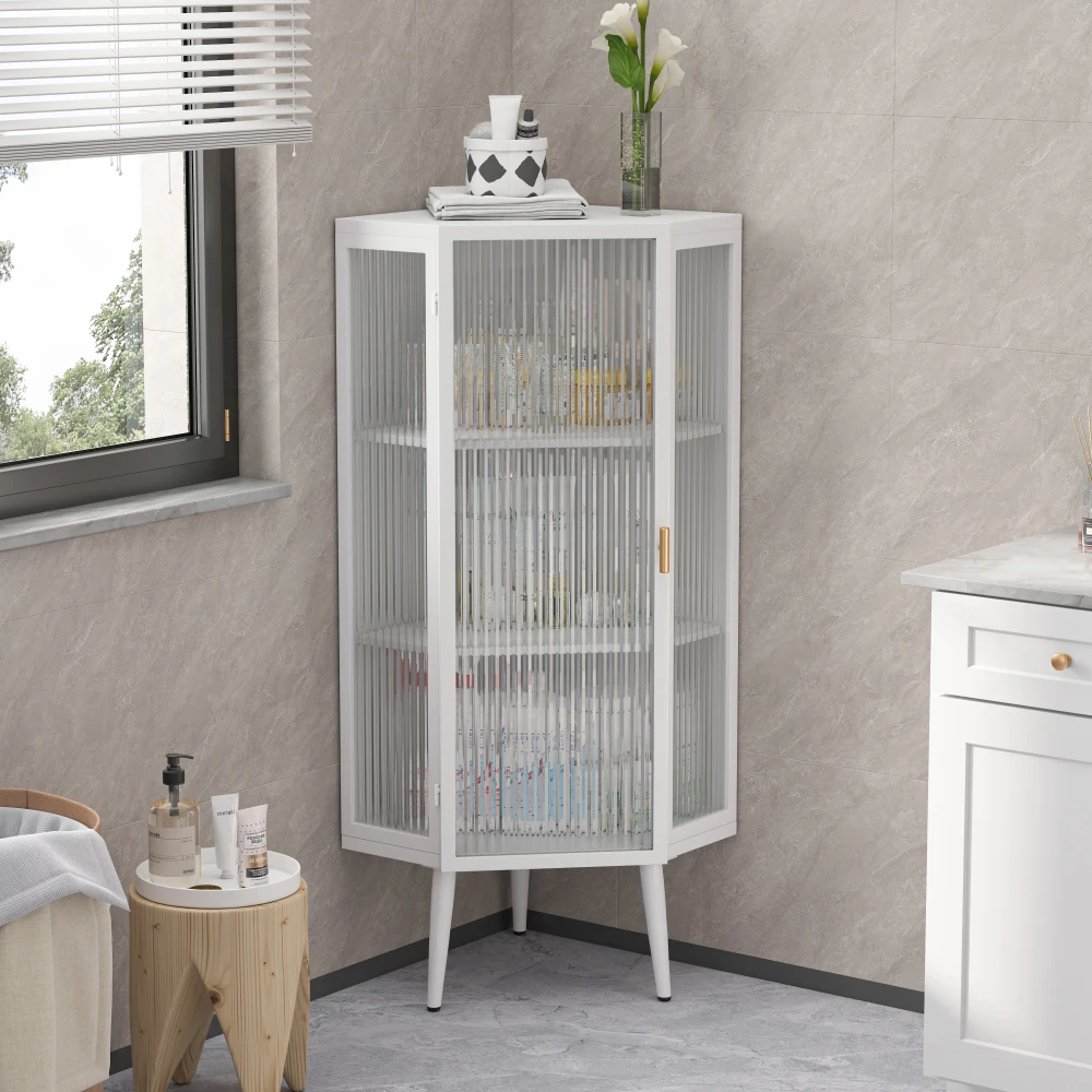 22.25'' Floor Coner Cabinet,Three Tiers with Tempered Glass Doors and Storage Shelves for Bathroom, Living Room and Bedroom (Whi