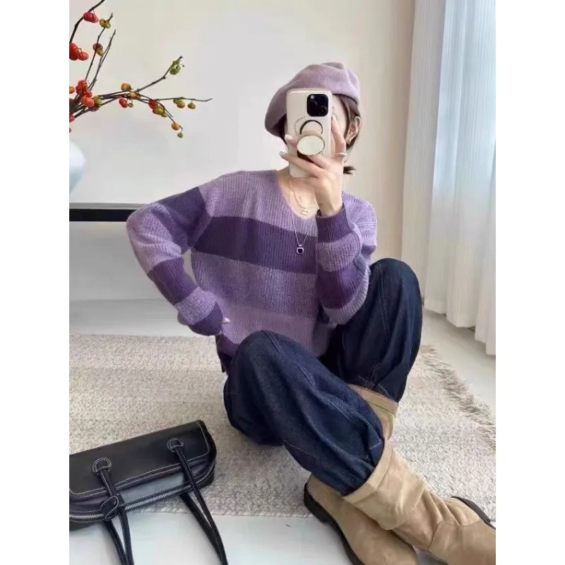 الكورية شيك كسول نمط لينة وشمعي محبوك الوردي مخطط الأعلى 2025 الخريف نمط الخامس الرقبة المرأة السترة #5