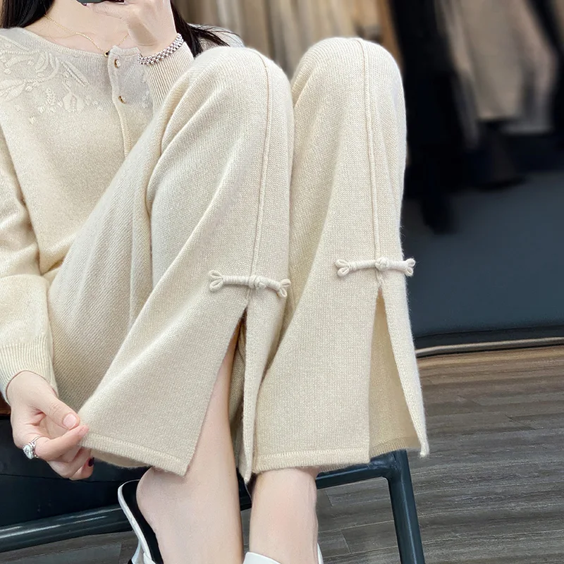 Women's Cashmere Knitted Wide-Leg Pants, High Waist, Straight, Mid-line, Thin Wool, Outside, Autumn, Winter, New