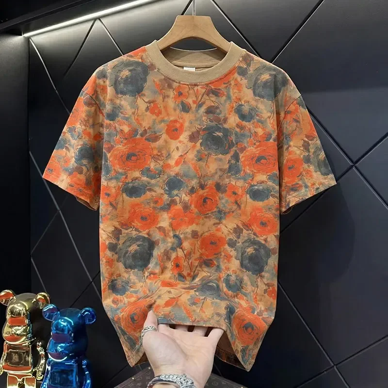 Men's Floral Print Short Sleeve T Shirt Casual Round Neck Cotton Blend Tee for Summer Daily Wear — купить у AliExpress WW