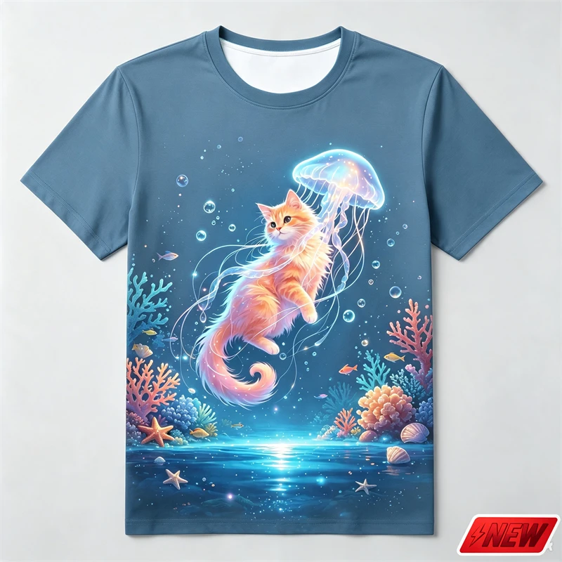 Cute Ginger Cat Graphic T Shirt Men 3D Printed Coral Bubble Graphic Tee Polyester Summer Casual Streetwear Crew Neck Unisex Top