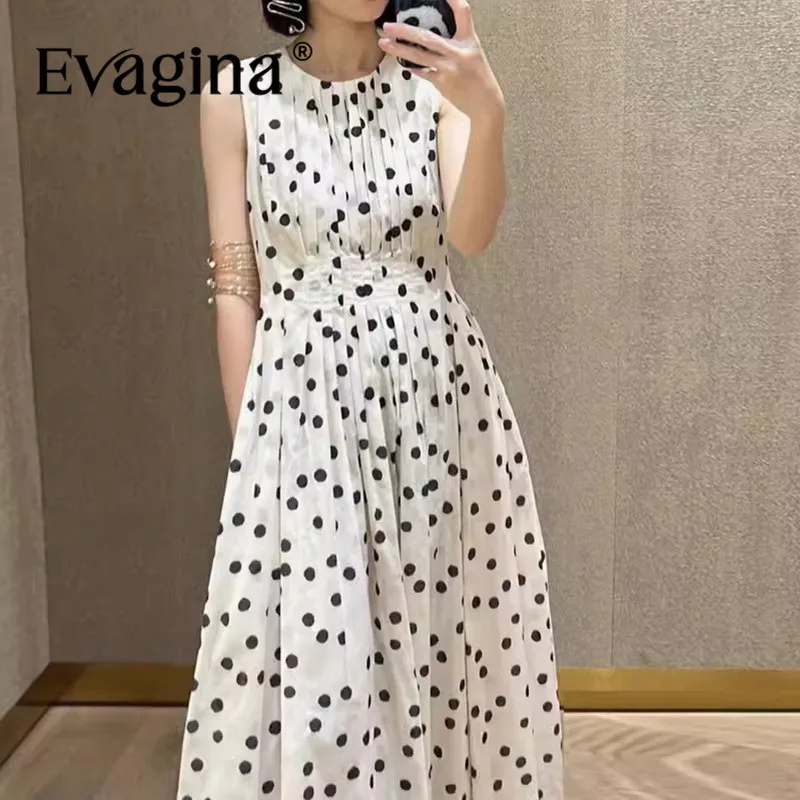 

Evagina Summer Women's Simple Casual Dress Sleeveless Dot Print Design High Waiste Slim Beach Vacation Cotton Pleated Dresses