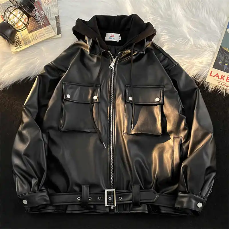 Autumn/Winter Leather Jacket Women's Loose American Fake Two Piece PU Leather Jacket High Street Casual Motorcycle Top