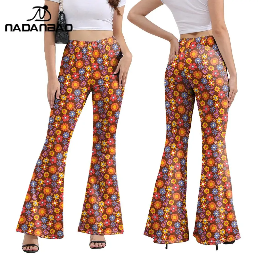 Nadanbao Wide Leg Trousers Elastic New Fashion Casual Female Floral Printed High Waist Flare Pants Trendy Sexy Skinny Streetwear