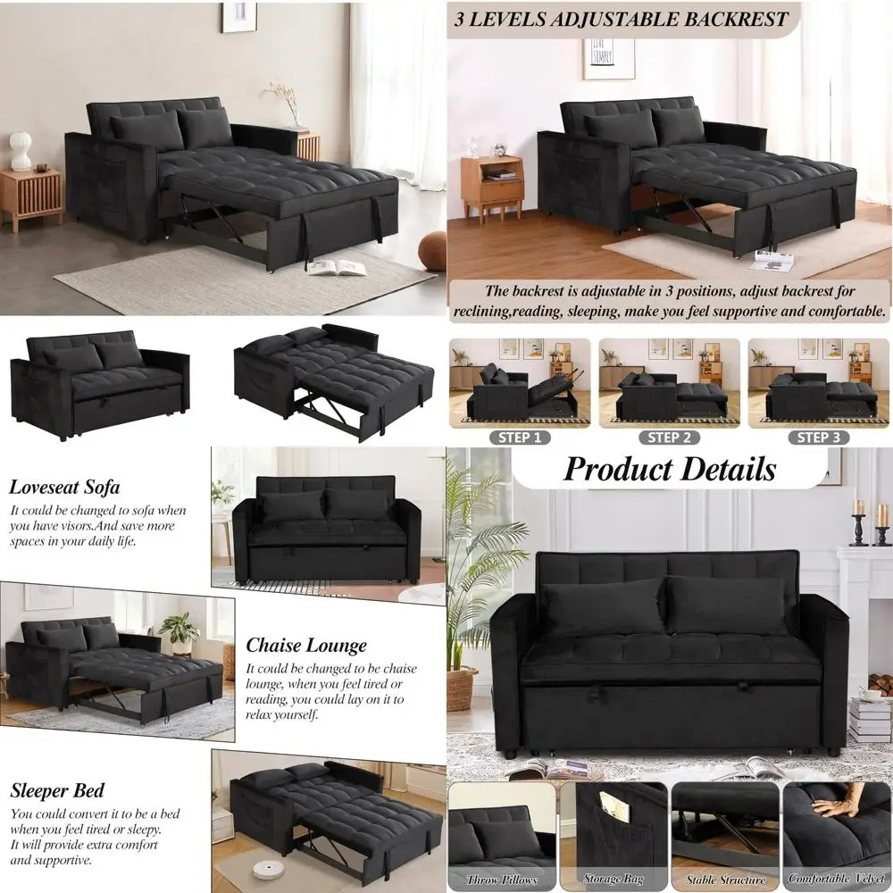 

velvet sleeper sofa with pull out bed, convertible couch, adjustable backrest, loveseat with side pockets for living room comfor