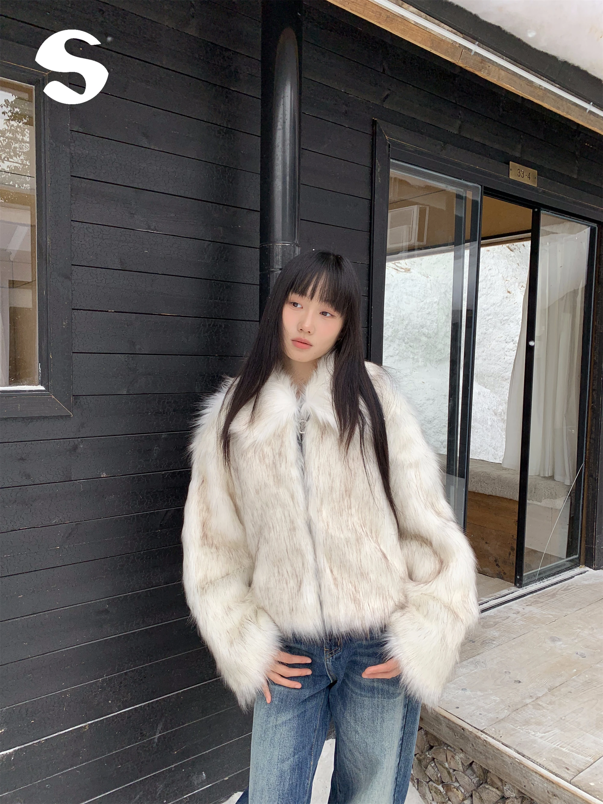 

Sp at Korean Sle Women's Thi Fur Jaet Eco-Friendly Synthetic Leather And Fur Inteated Warmth Long Sve Zipper...