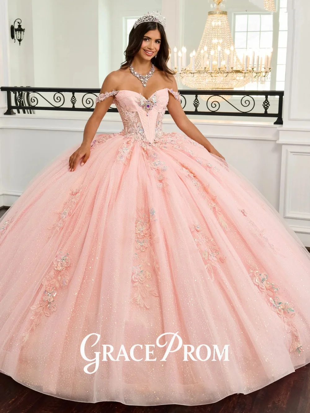 

GraceProm Stunning Pink Tulle Off Shoulder Quinceanera Dress Formal Shiny Beaded Birthday Gown Elegant A Line Floor Length Gown