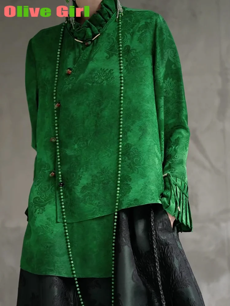 2025 グリーンシャツトップ ジャカード生地 エレガント 高級 花びら袖 中国伝統衣装 レディースブラウスシャツ 女性用