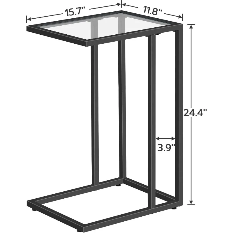 C Shaped End Table Set of 2, Tempered Glass Snack Side Tables with Metal Frame, TV Tray Desk for Small Space, Sofa Couch and Bed