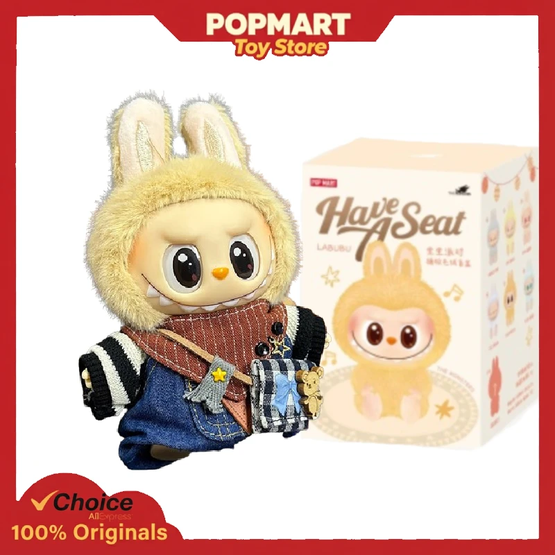 POP MART LABUBU V2 tiene un asiento traje de ratón feliz azul conjunto de muñecas vestido auténtico figura de vinilo Original juguete para regalo coleccionable