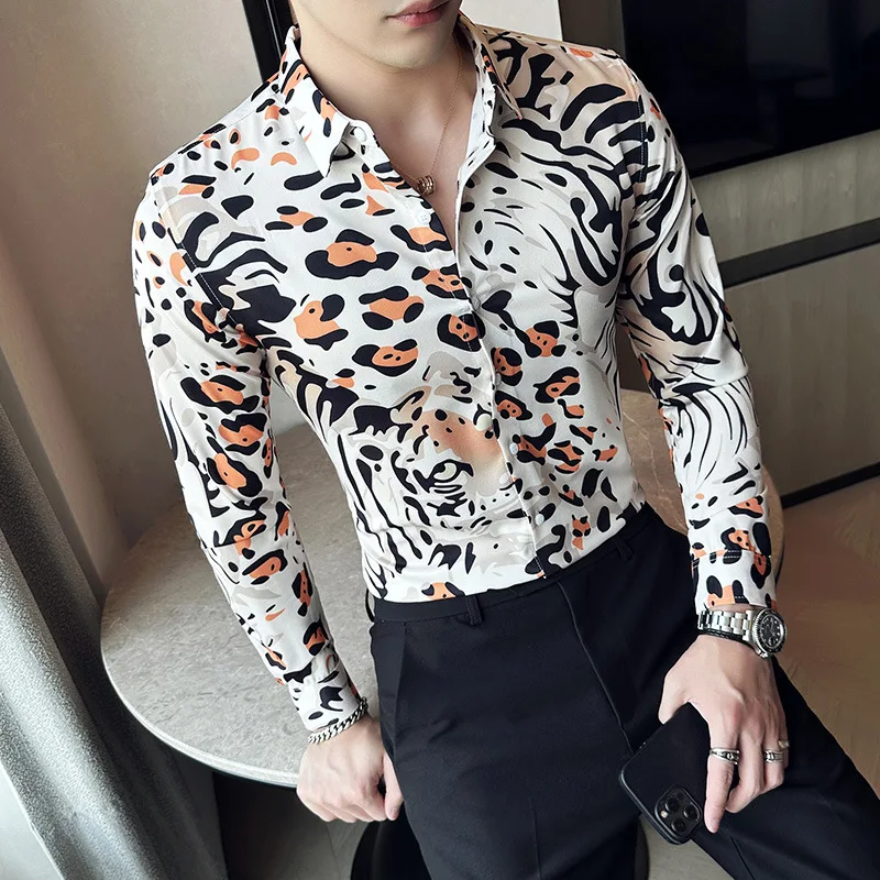 Autumn 3D Tiger Printed Shirt for Men Slim Fit Long Sleeve Casual Shirts Fashion Streetwear Social Party Tuxedo Blouse 6XL