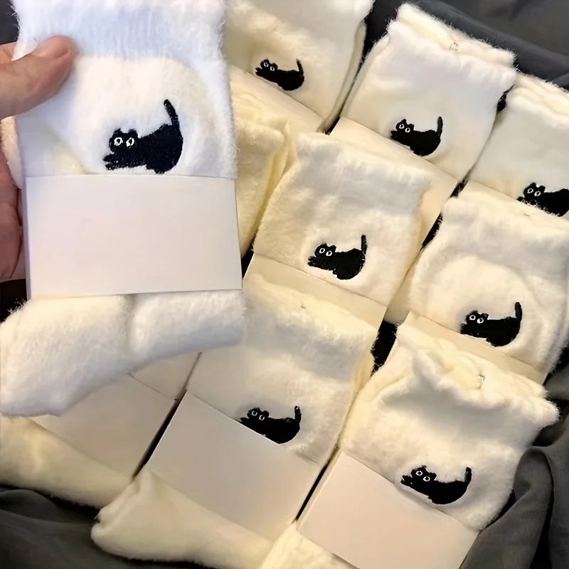 

5 пар осенне-зимних женских плюшевых толстых коралловых флисовых милых и милых универсальных теплых длинных шерстяных носков с рисунком кота