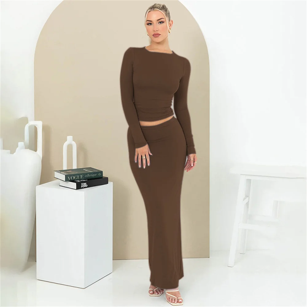 Sexy Fashion Y2k Women Fall Skirts Outfits Solid Color Crew Neck Long Sleeve Slim Fit T-Shirts Tops Long Skirts Clothes Set