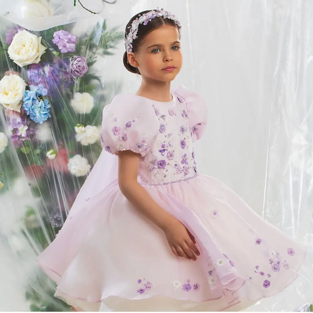 Jill Wish Luxury Arabic Pink Girl Dress Beaded with Cape Prom Gown for Kids Princess Wedding Birthday Communion Party 2025 J355