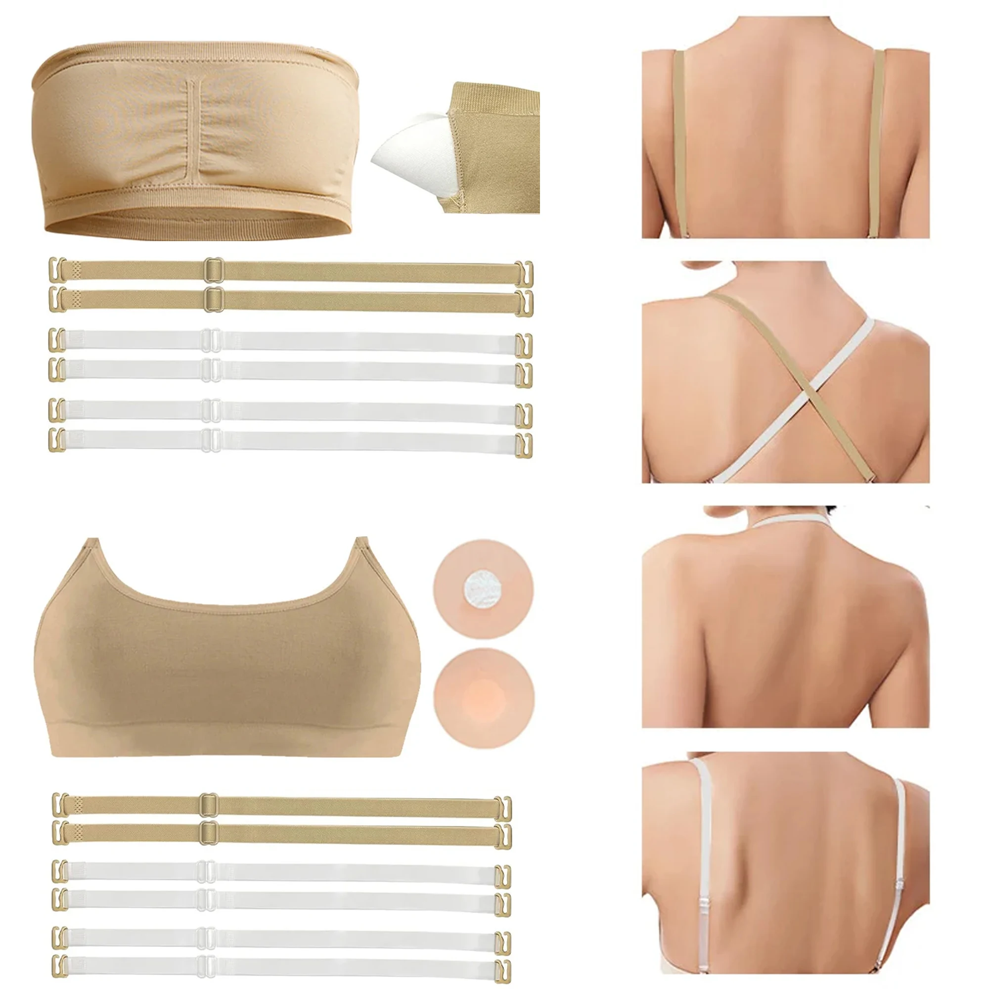 Girls Ballet Dance Seamless Bandeau Bras 2 Pairs of Adjustable Replace Clear Straps Chest Padding for Dance Gymnastics