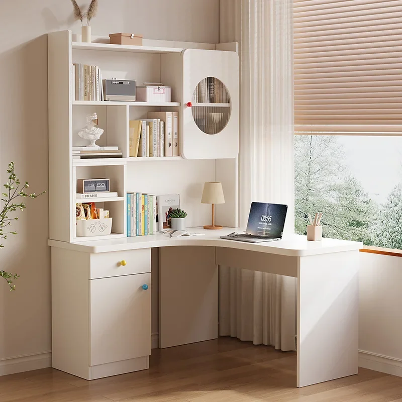 Corner desk Bookshelf integrated computer desk Cream wind solid wood multi-functional desk Home children's study table