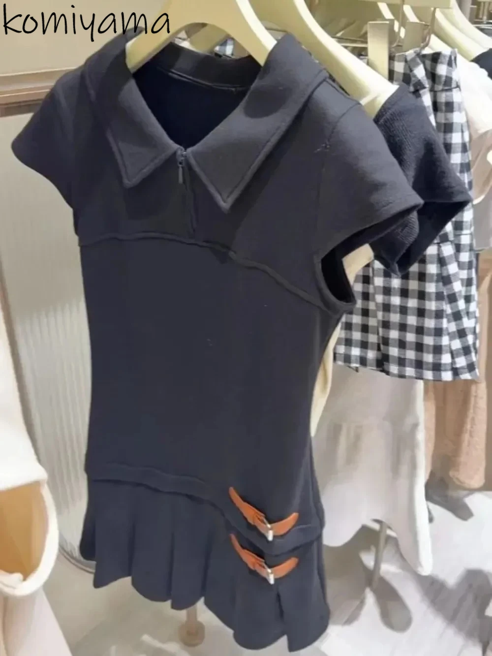 

Украшение пояса 2025 Vestidos Плиссированное мини-платье с лацканами Платья с короткими рукавами Плиссированный подол Ropa Mujer Япония Preppy Style Vestido