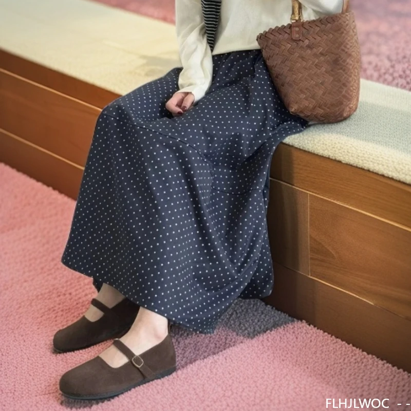 Rural village Summer Holiday Skirts Hot Korea Japan Style Date Girls White Navy Blue Retro Vintage High Elastic Waist Skirt Long