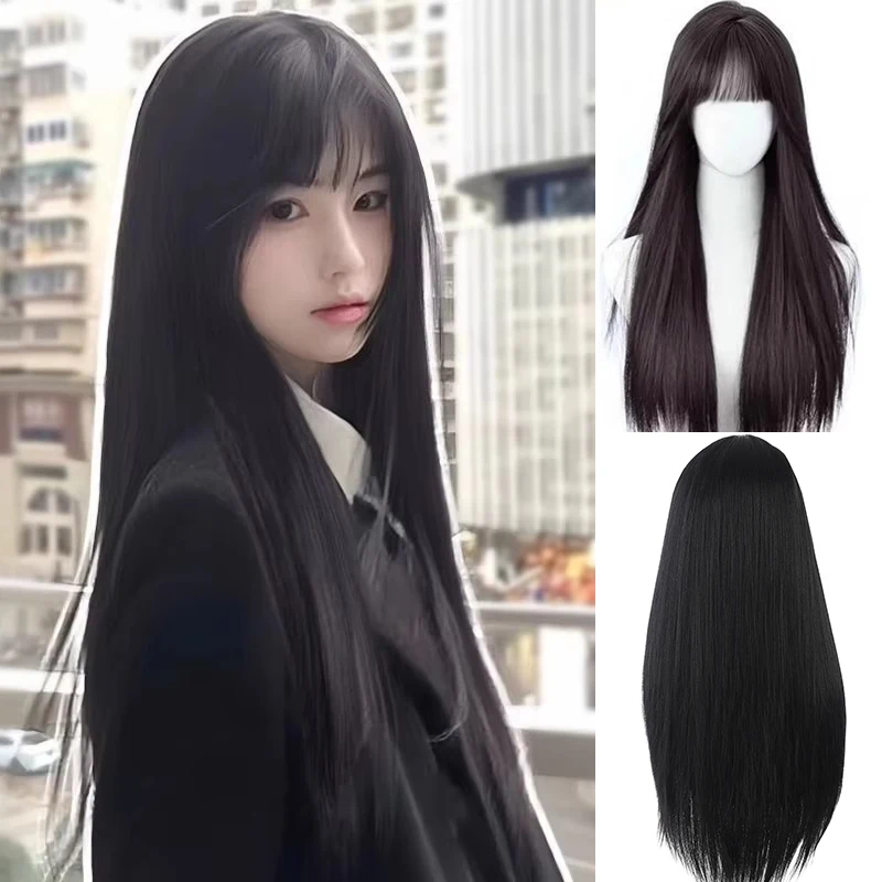 

Long Straight Synthetic Wig With Bangs Fringe Black Cosplay Party Lolita Hair Wig For Women Full Head Cover